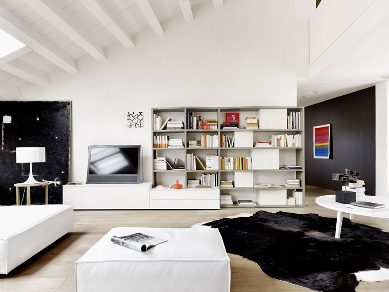 Luxury classic interno della libreria di casa. Salotto con libreria, libri,  poltrona, divano letto e camino.